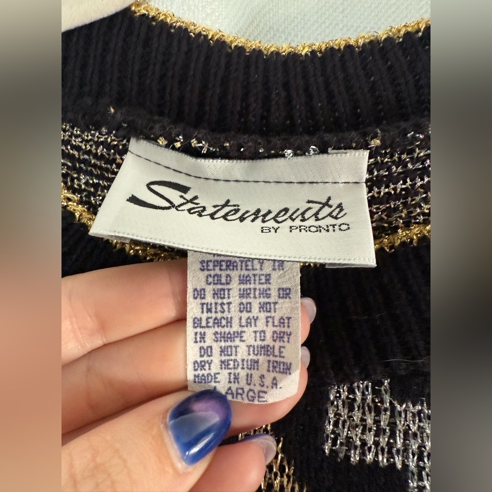 Vintage Statements by Pronto Black Gold Silver Chevron Knit Sweater Size Large - Picture 4 of 8